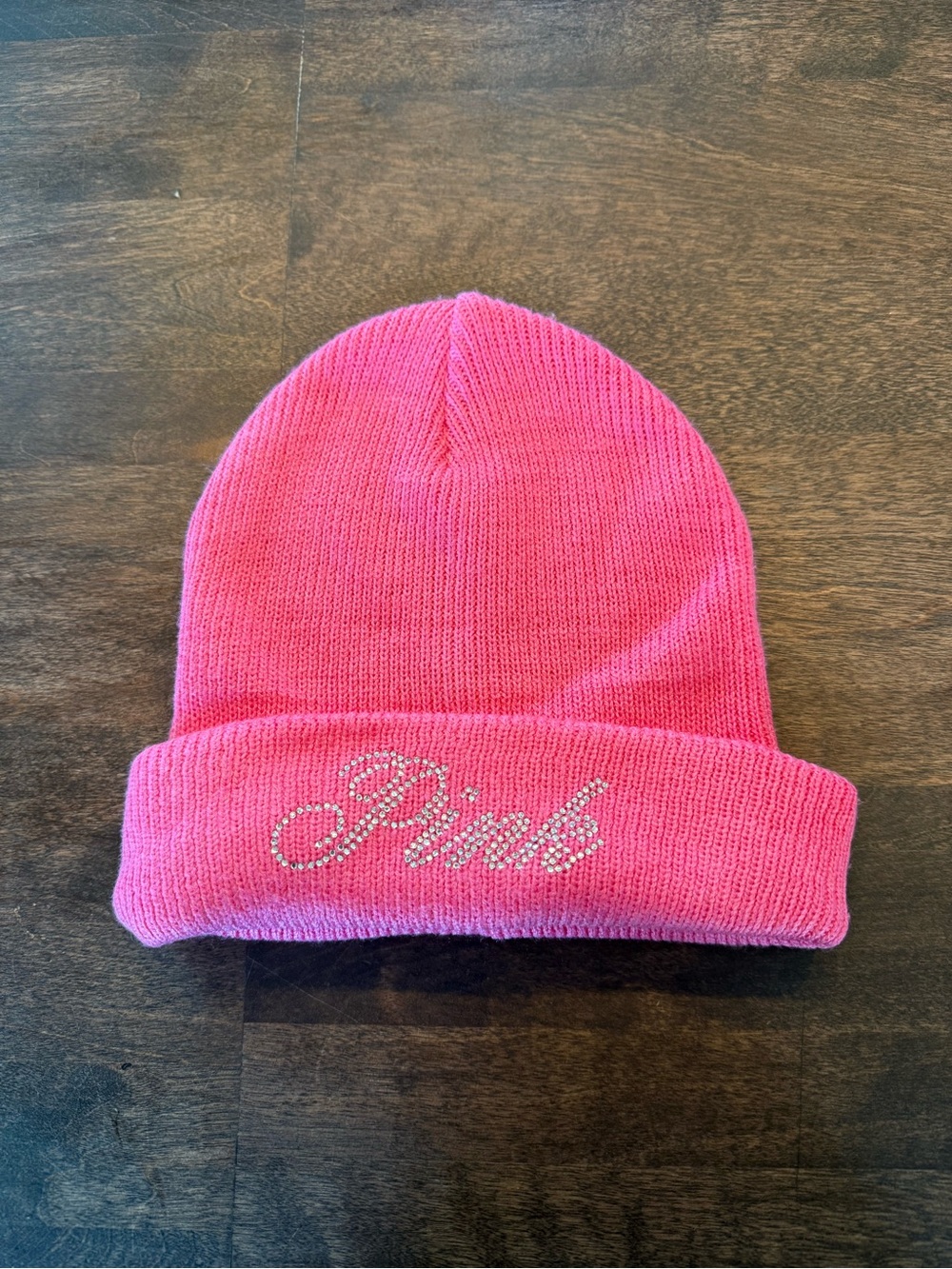 Pink Knit Beanie Hat with Rhinestone Script